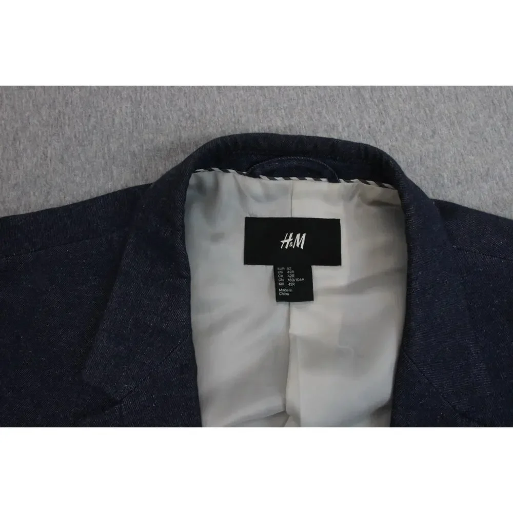 H&M Blazer Mens 42R Blue Cotton Linen Blend Single-Breasted 2-Buttons Lined